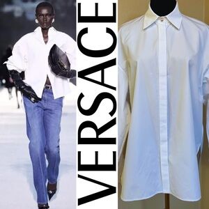 Versace Medusa White Cotton Button Up‎ Blouse. Size 38, Small. Silver buttons.